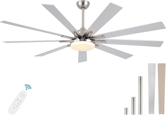 72 Inch Ceiling Fans with Lights,Large Modern Ceiling fan with Remote and 9 Wooden Blades,Dimmable,6 Speeds,Noiseless Reversible Indoor&Outdoor Fan for Bedroom,Patio,Living Room