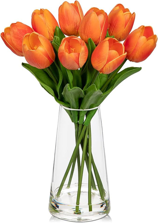 Fake Tulips Artificial Tulip Flowers in Glass Vase with Faux Water, 14.2" Real Touch Orange Tulip Flowers Décor for Table Centerpiece Home Farmhouse Resto Wedding Decoration