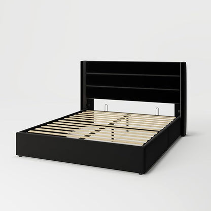 Allewie Queen Size Velvet Lift Up Storage Bed, Modern Wingback Headboard, Hydraulic Support, No Box Spring Needed, Black