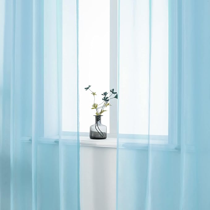 DUALIFE Sky Blue Voile Sheer Curtains Grommet,Look Semi Sheer Windows Panels,Elegant Solid Color Touch Soft Drapes, 52X96 Inch for Living Room Bedroom,Set of 2 Panels