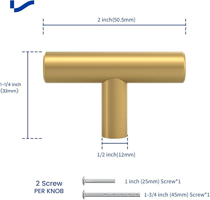 LONTAN 100 Pack Gold Knobs Brushed Brass Dresser Knobs Gold Cabinet Hardware for Dresser Bathroom Metal Drawer Knobs 2in Overall Length