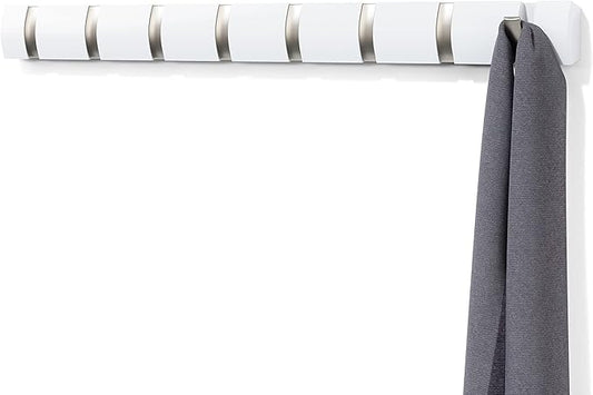 Umbra Flip Wall-Mounted Coat Rack Rail Hook for Hats, Jackets, Bags and More – Modern, Space-Saving Storage Organizer for Entryway, Mudroom, Closet, Bathroom, Bedroom, Kids Room, or Nursery, 8 Hooks,