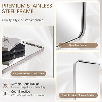 ANDY STAR 48”X30” Chrome Bathroom Mirrors, Polished Chrome Vanity Mirror, Rounded Rectangle Mirror for Wall, SUS304 Anti-Rust Tube Metal Frame, Wall Mounted Horizontal/Vertical 1’’ Deep