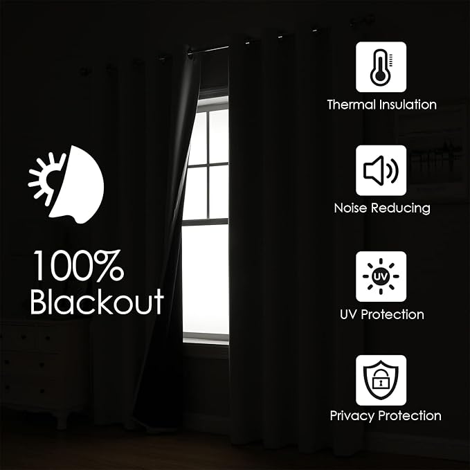 ChrisDowa 100% Blackout Curtains for Bedroom with Black Liner, 2 Thick Layers Total Blackout Thermal Insulated Grommet Window Curtains 2 Panels Set (Greyish White, 52 x 45 Inch)