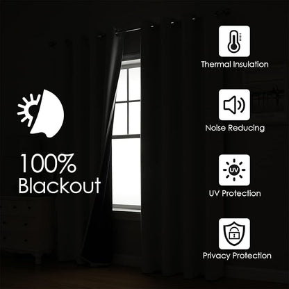 ChrisDowa 100% Blackout Curtains for Bedroom with Black Liner, 2 Thick Layers Total Blackout Thermal Insulated Grommet Window Curtains 2 Panels Set (Greyish White, 42 x 84 Inch)