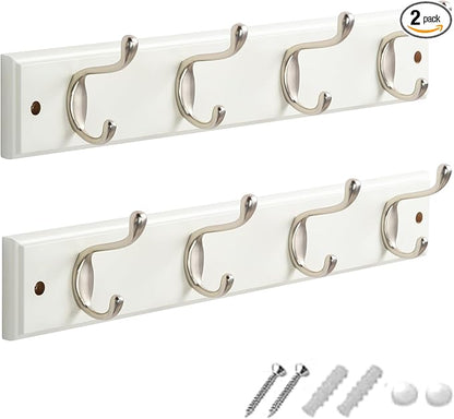 GlazieVault Coat Hooks Wall Mounted - MDF Board Nickel Hook Coat Rack(2 Pack) - Heavy Duty White -Coat Hooks for Wall Clothes Hooks and Wall Hooks