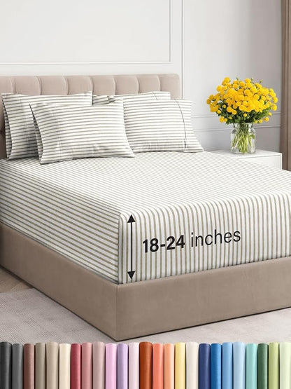 Extra Deep King Sheet Set - 6 Piece Breathable and Cooling Sheets - Hotel Luxury Bed Sheets Set - Easy Fit - Soft, Wrinkle Free and Comfy Sheets Set - Beige Striped Sheet Set with Extra Deep Pockets