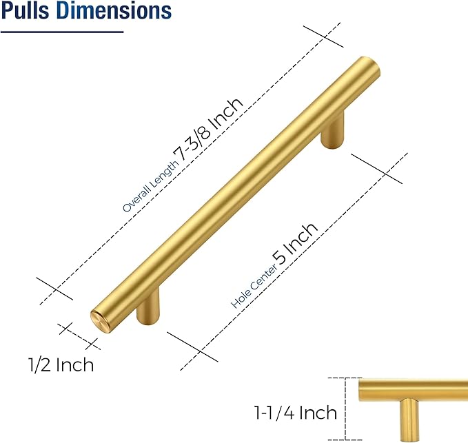 JOY DECOR 15 Pack Cabinet Handles, Gold Cabinet Pulls, 5 in Hole Center Kitchen Cabinet Handles, Stainless Steel T Bar Handles for Dresser Drawers
