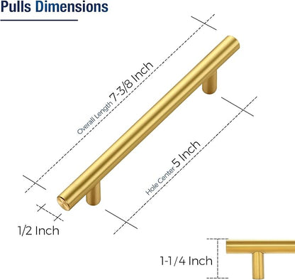 JOY DECOR 60 Pack Cabinet Handles, Gold Cabinet Pulls, 5 in Hole Center Kitchen Cabinet Handles, Stainless Steel T Bar Handles for Dresser Drawers