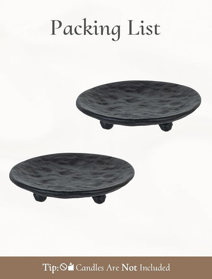 Cast Iron Pillar Candle Holder: 4.6 in Black Pillar Candle Plate Pedestal Stand Vintage Decorative Tray for 3 Wick Jar Candles Tealight Votive for Table Home Halloween Set of 2