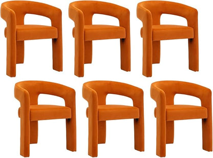 Modern Barrel Dining Chairs Set of 6, Velvet Upholstered Accent Side Chair with Arms Comfy Makeup Vanity Chairs, Dining Living Room Kitchen Chairs, Orange