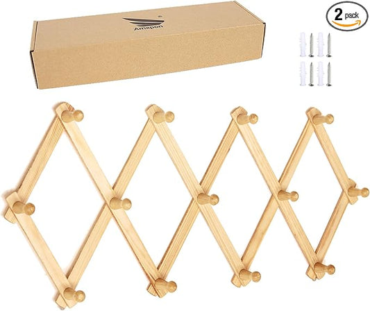 AMAPON Accordion Style Expandable Wall Wooden Coat Rack 13 Hooks (Pegs) Hang Hats Jackets Coffee Mug Purses Necklaces Towels Cap Leash Scarves Data Line Kitchenware (2 Pack)