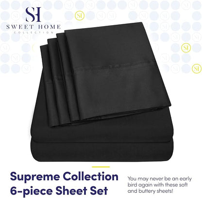 Queen Sheets Black - 6 Piece 1500 Supreme Deluxe Collection Deep Pocket Ultra Soft Queen Sheet Set Bedding - 2 Extra Pillow Cases, Great Value, Queen, Black