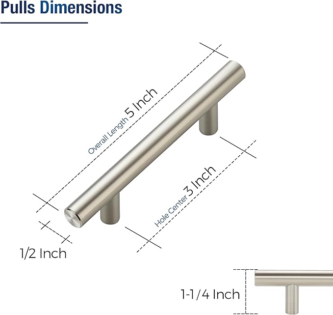 JOY DECOR 45 Pack Cabinet Handles, Brushed Nickel Cabinet Pulls, 3 in Hole Center Kitchen Cabinet Handles, Stainless Steel T Bar Handles for Dresser Drawers