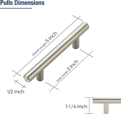 JOY DECOR 3 Pack Cabinet Handles, Brushed Nickel Cabinet Pulls, 3 in Hole Center Kitchen Cabinet Handles, Stainless Steel T Bar Handles for Dresser Drawers