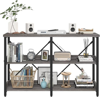 BON AUGURE Entry Table, 47 Inch Console Tables for Entryway, Narrow Couch Table Behind Sofa for Living Room, Wood 3 Tier Shelves Organization Tables for Foyer, Hallway (Dark Grey Oak)