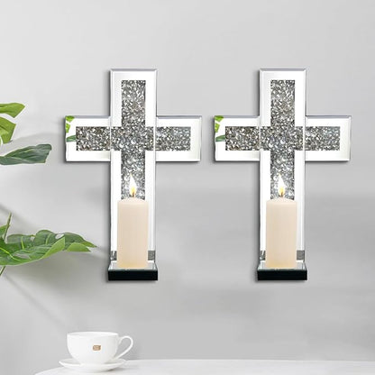Crystal Crush Diamond Mirrored Candle Sconces, Silver Wall Candle Holder Set of 2, Wall Decoration for Living Room，Dining Room (Silver Cross)