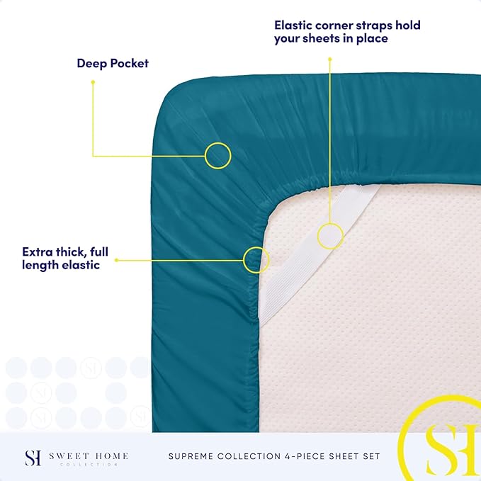 1800 Supreme Collection - Breathable Luxury Full Size Sheet Set with Full Elastic & Secure Corner Straps Built In, Extra Soft Deep Pocket Bedding Set, Teal