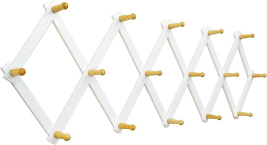 SKOLOO Accordion Wall Hanger with 16 Hooks, Modern Expandable Coat Rack Hat Rack for Wall, Solid Wooden, Natural on White
