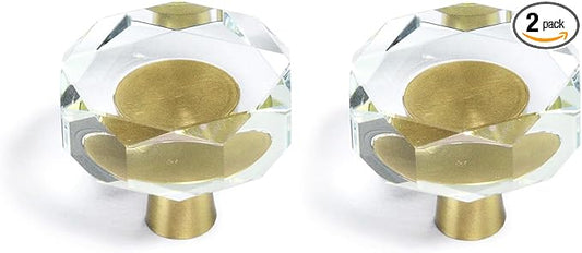 JEREVER 2 Pack Glass Crystal Knobs Brass Drawer Pull Cabinet Handle Gold Furniture Hardware for Dresser Kitchen (Polygon)