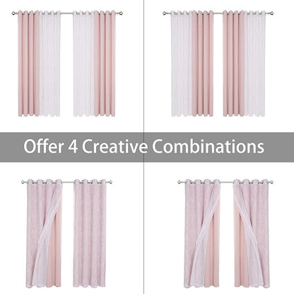 BONZER Mix and Match Curtains - 2 Pieces Branch Print Sheer Curtains and 2 Pieces Blackout Curtains for Bedroom Living Room Grommet Window Drapes, 37x84 Inch/Panel, Blush, Set of 4 Panels