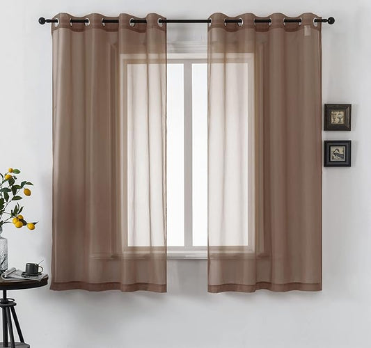 DUALIFE Sheer Curtains Light Filtering Solid Drapes for Window Curtains Sheer Grommet Top (Set of 2, 52 by 72Inch, Chocolate Brown)