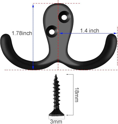 IBosins 16 Pack Heavy Duty Double Prong Coat Hooks Wall Mounted with 32 Screws Retro Double Hooks Utility Hooks for Coat, Scarf, Bag, Towel, Key, Cap, Cup, Hat(Black)