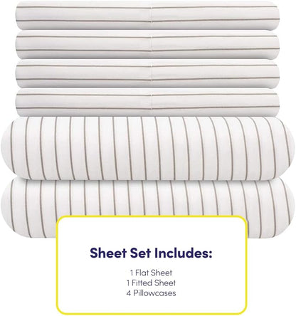 Queen Sheets Pinstripe White - 6 Piece 1500 Supreme Collection Fine Brushed Microfiber Deep Pocket Queen Sheet Set Bedding - 2 Extra Pillow Cases, Great Value, Queen, Pinstripe White