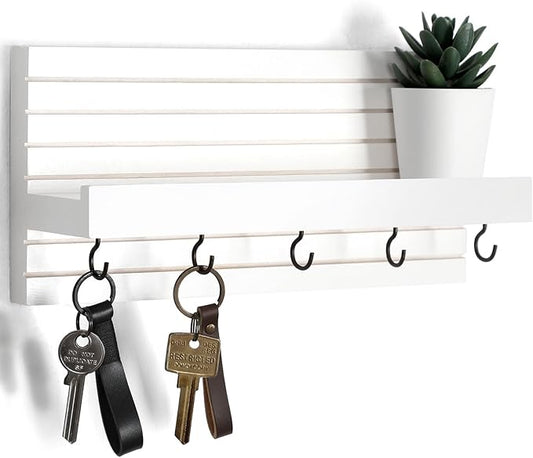 Decorative Key Holder for Wall with Shelf, Entryway Shelf with Hooks Holds Leashes, Jackets and Glasses – Sturdy Wood Keyholder Entrance Hanger with Mounting Hardware (White, Medium)