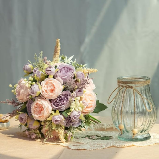 Artificial Peonies Silk Flowers Bouquet in Glass Vase Faux Flowers Bouquets Modern Penoy Arrangement for Home Decoration Table Centerpiece (Bouquet-Pink Purple)