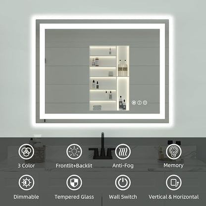 48"x 38" LED Bathroom Mirror with Lights, Double Lighting Sources Dimmable, Backlit + Front Lit, Anti-Fog, Lighted Bathroom Vanity Mirror for Wall(Horizontal/Vertical)