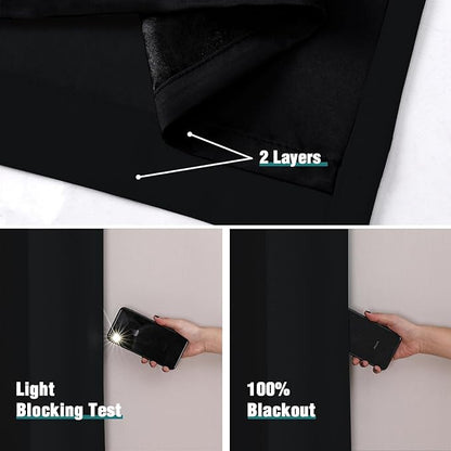ChrisDowa 100% Blackout Curtains 63 inch Long for Bedroom with Black Liner, Extra Wide 2 Thick Layers Total Blackout Thermal Insulated Grommet Window Curtains 2 Panels Set (Black, 60 x 63 Inch)