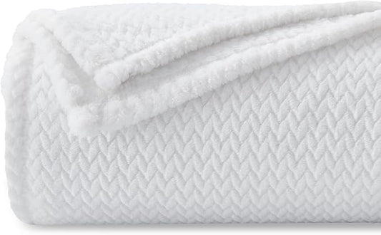 NEWCOSPLAY Super Soft Queen Blanket White Premium Silky Flannel Fleece Leaves Pattern Lightweight Bed Blanket All Season Use (White, Queen(90"x90"))