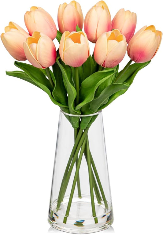 Fake Tulips Artificial Tulip Flowers in Glass Vase with Faux Water, 14.2" Real Touch Peach Tulip Flowers Spring Décor for Table Centerpiece Home Farmhouse Resto Wedding Decoration