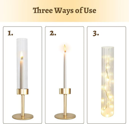 Gold Hurricane Glass Candle Holders: Cadhodenm Tall Glass Candlestick Holder for Wedding Set of 3 Brass Taper Candle Holders Modern Candle Sticks Holder for Table Centerpiece Party Christmas Home
