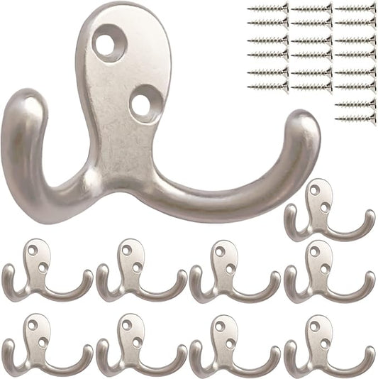 10pcs Coat Hooks Hardware, Wall Hooks Heavy Duty Hooks for Hanging Coats Double No Rust Hook Wall Mounted for Key, Towel, Bags, Cup, Hat (Silvery)