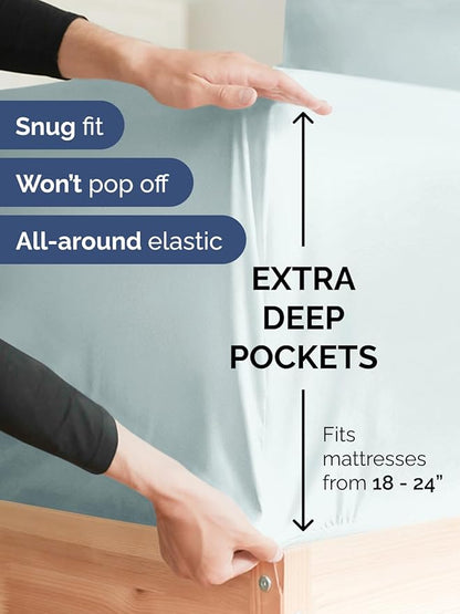 Extra Deep Split King Sheet Set - 7 Piece Breathable and Cooling Sheets - Hotel Luxury Bed Sheets Set - Easy Fit - Soft, Wrinkle Free and Comfy Sheets Set - Ice Blue Sheet Set with Extra Deep Pockets