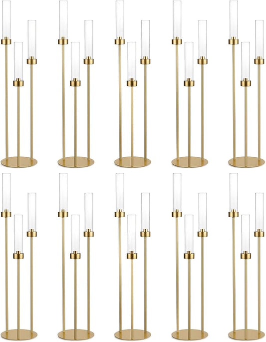Vincidern 10pcs Gold 3 Arm Candelabra Taper Candle Holder for Table Centerpieces, 34in Tall Metal Candlestick Holder with Acrylic Lampshade for Wedding,Party,Holiday Christmas, Halloween Candelabra