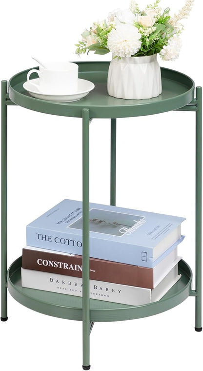 HollyHOME 2-Tier Round Side Table, Outdoor Small Folding Accent Stand with Removable Tray, Anti-Rust Metal Asional Table for Balcony Patio Living Room, Nightstand for Bedroom(Matcha Green)