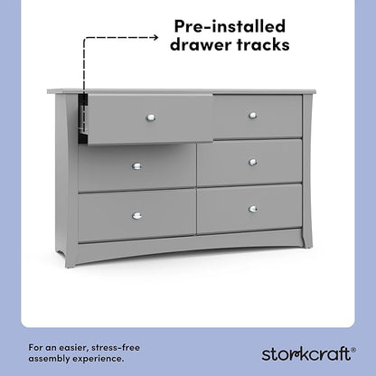 Storkcraft Crescent 6-Drawer Dresser (Pebble Gray) – GREENGUARD Gold Certified, Gray Dresser for Bedroom, Kids & Nursery Storage Chest, Safety Interlocking Drawers, Pre-Installed Tracks, Kids Chest