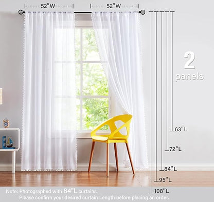 Treatmentex Pompom Sheer White Curtains for Living Room Kid's Room 72" Window Voile Drapes Slub Linen Texture Bedroom Curtains 2 Pack Rod Pocket
