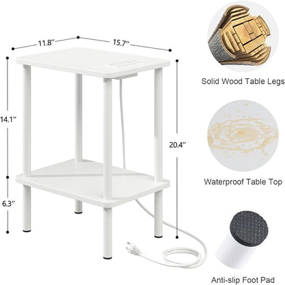 Apicizon 2 Tier End Table, Small Side Table with Charging Station, Boho Bedside Table with USB Ports and Outlets, Nightstand for Small Spaces, Bedroom, Living Room, Entryway, Easy Assembly, White