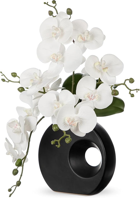 Briful Artificial Orchid Flowers in Black Modern Ceramic Vase 15.7" Tall White Faux Orchid Arrangement Silk Orchid Flower Fake Orchid Centerpiece for Home Office Room Wedding Table Décor
