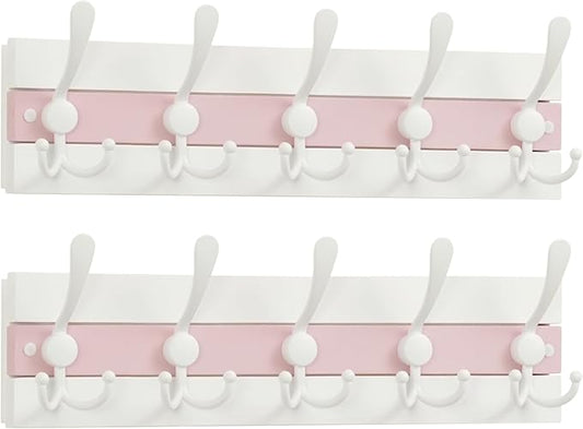 SKOLOO Coastal Wall Mounted Coat Rack - 17" Beach House Entryway Wooden Coat Hook with 5 Hooks for Hanging Coats, Hats or Towels, Oceanfront Cottage Core Collection, White & Palm Beach Pink, Pack of 2