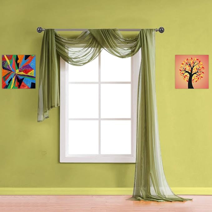 Warm Home Designs 24 Feet Long Sage Green Sheer Window Scarf. These XXL Length Valance Scarves 54 X 288 Inches in Size. Great as Bed Canopy or Wedding Arch Draping Fabric. AM Sage 288"