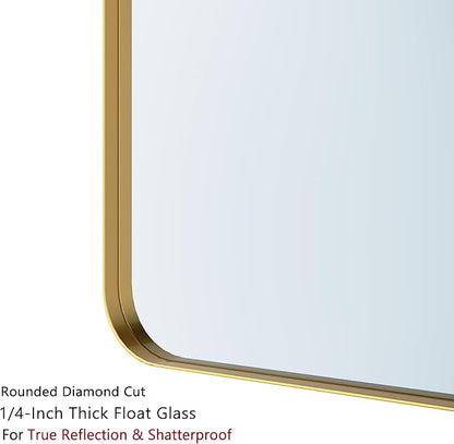 VocalStar 18 x 26 Inch Gold Bathroom Mirror for Wall, Metal Framed Rounded Rectangle Vanity Mirror, 1/4-inch Shatterproof Glass | Ultra-Flush Hanging