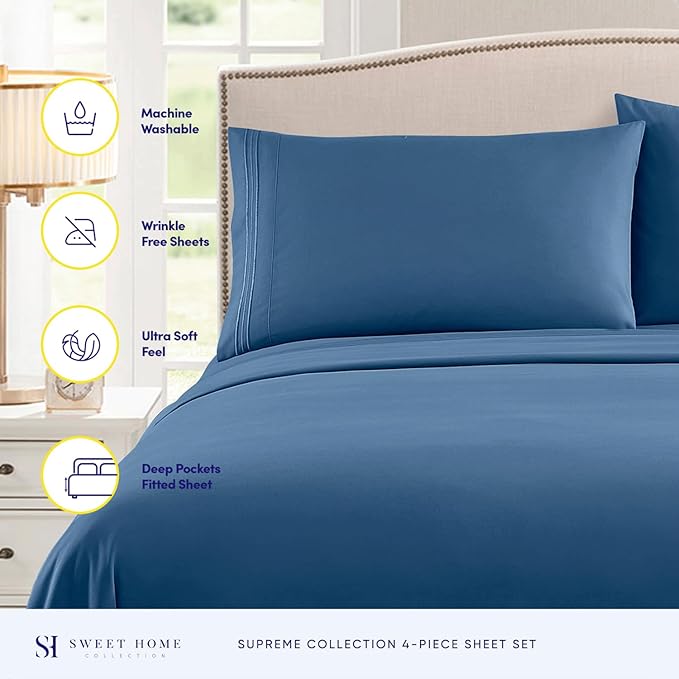 King Size Sheets - Breathable Luxury Bed Sheets with Full Elastic & Secure Corner Straps Built In - 1800 Supreme Collection Extra Soft Deep Pocket Bedding Set, Sheet Set, King, Denim