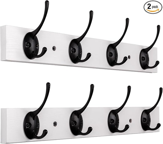 Coat Hooks Wall Mounted, Wooden Hat Rack with 4 Hooks for Entryway, Bathroom,Bedroom(2 Pack,White)