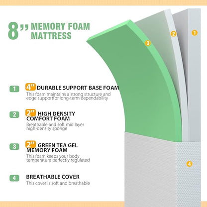 PayLessHere 8 inch Queen Memory Foam Mattress Cooling Gel Green Tea Infused Mattress,Fiberglass Free,CertiPUR-US Certified,Breathable Bed Mattress for Cooler Sleep Supportive,White Queen