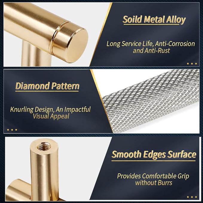 Knurled Cabinet Pulls 6 Pack, 6 Inch Long Cabinet Handles Metal Door Pulls, Kitchen Drawer Pull Knurled Dresser Handles - 5" Hole to Hole, Grey & Gold